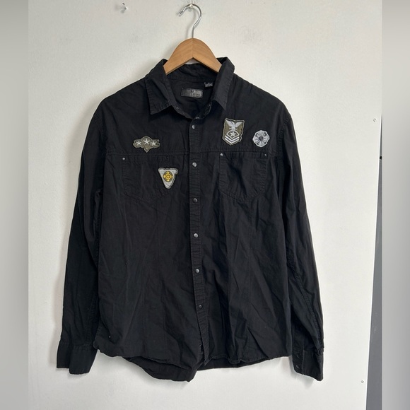 Steve's‎ Jeans Men’s XL Shirt Military Theme Patches Snap Long Sleeve Black - Picture 1 of 13